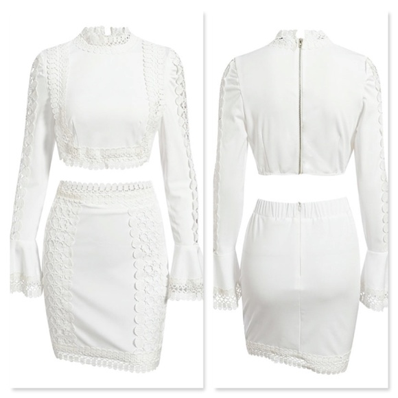 White 2 Piece Guipure Detail Skirt Set - Picture 7 of 16